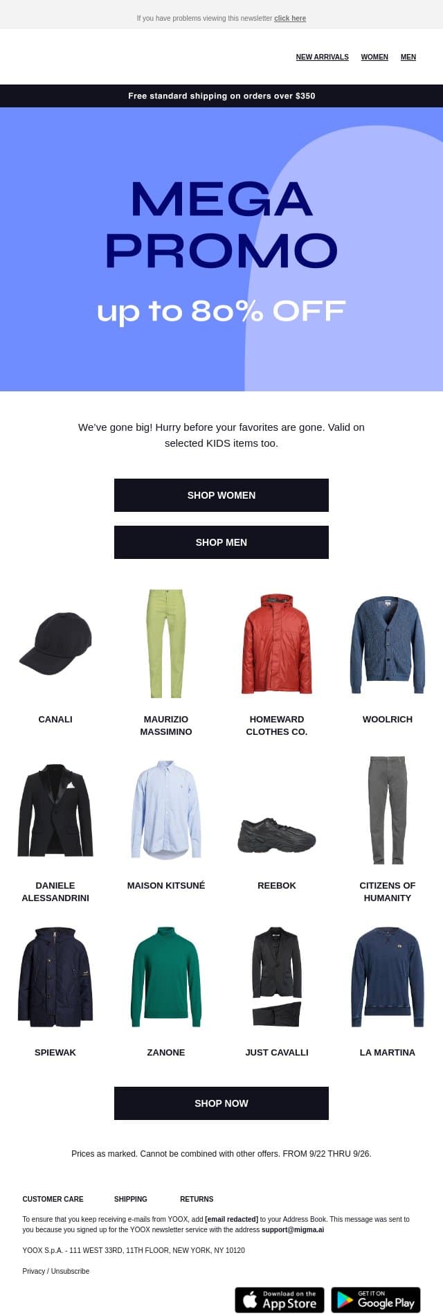 Up to 80% OFF: the MEGA PROMO is here! email from Yoox screenshot
