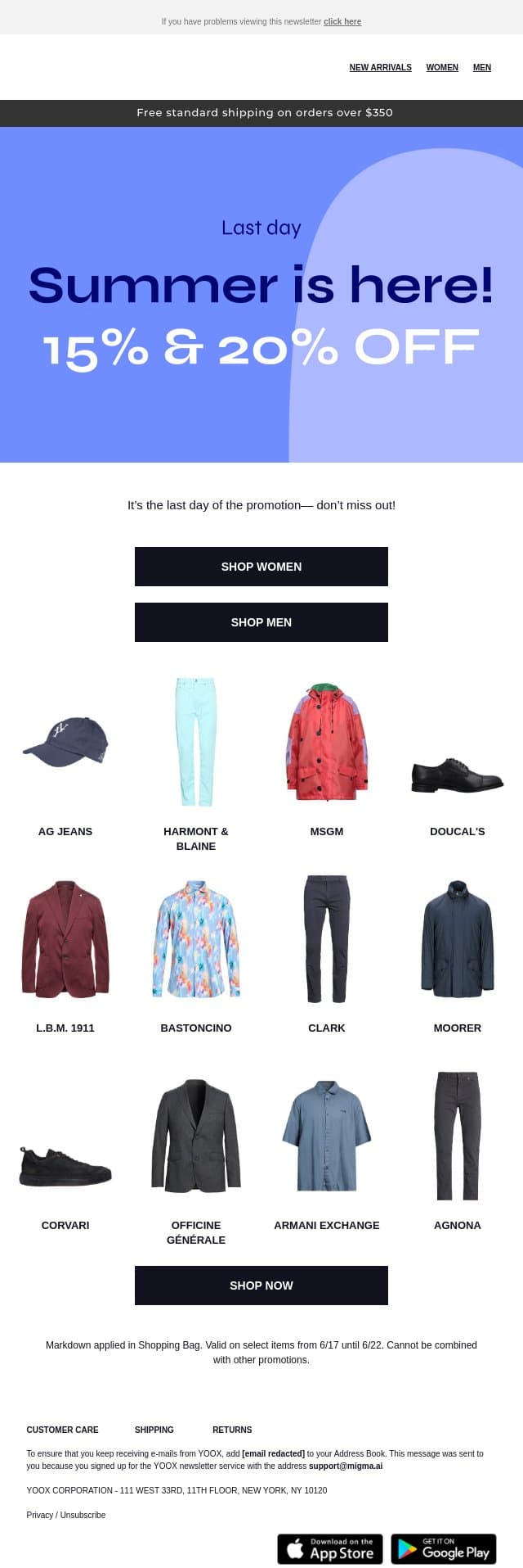 Last chance for 15% & 20% OFF >> email from Yoox screenshot