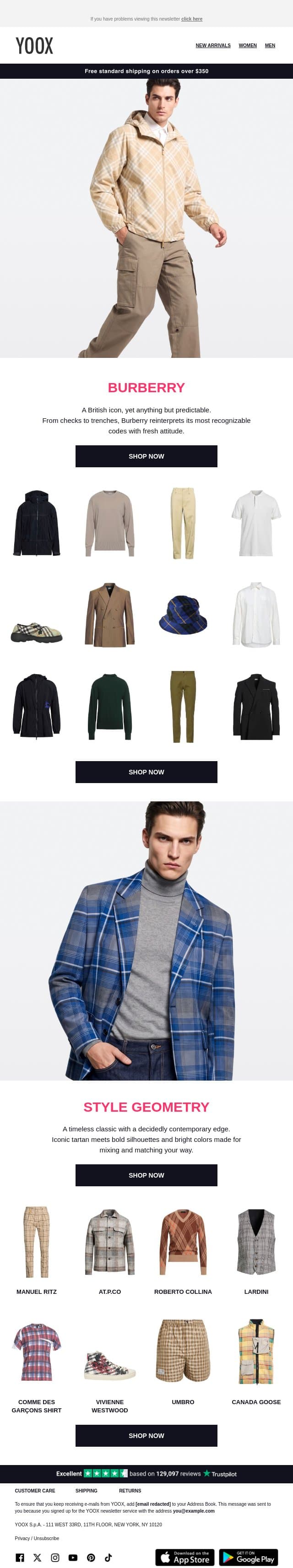 Burberry > Iconic tartan, style geometry email from Yoox screenshot