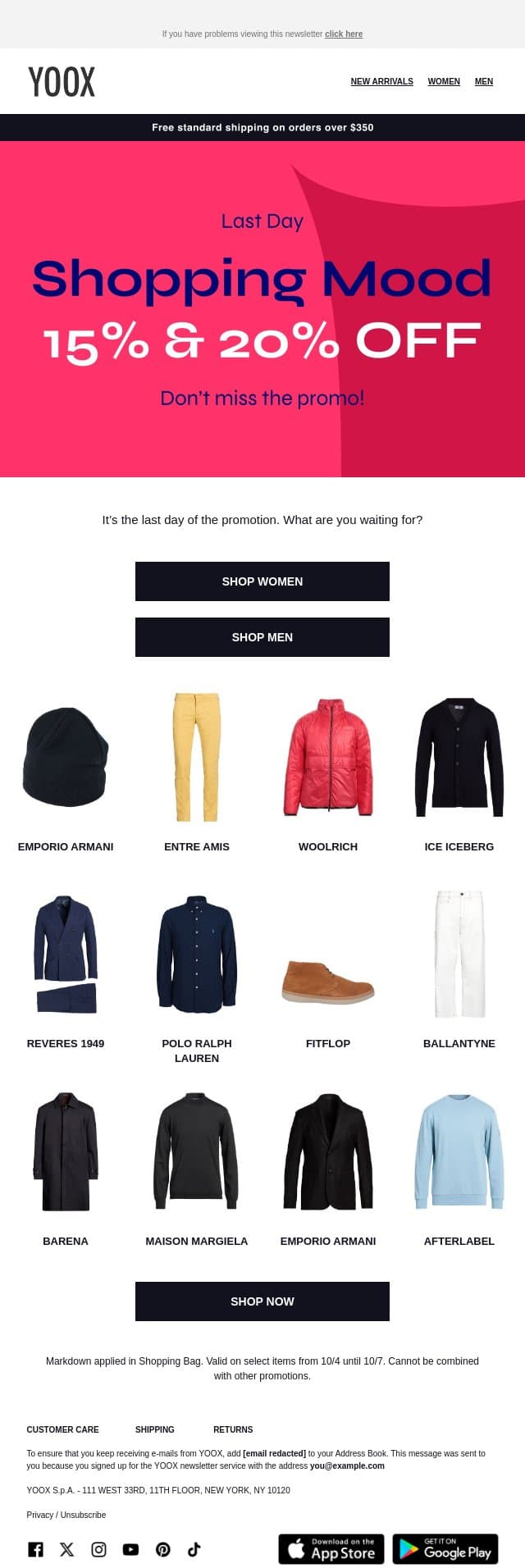 Last day to get 15% & 20% OFF email from Yoox screenshot