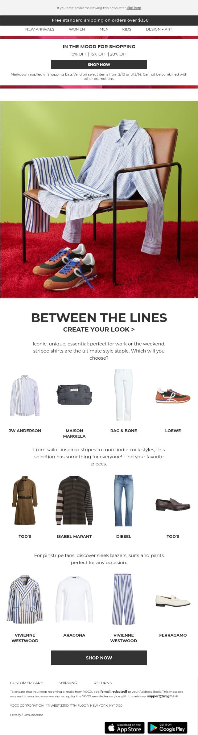 Between the lines > Striped shirts, sweaters, suits and more... email from Yoox screenshot