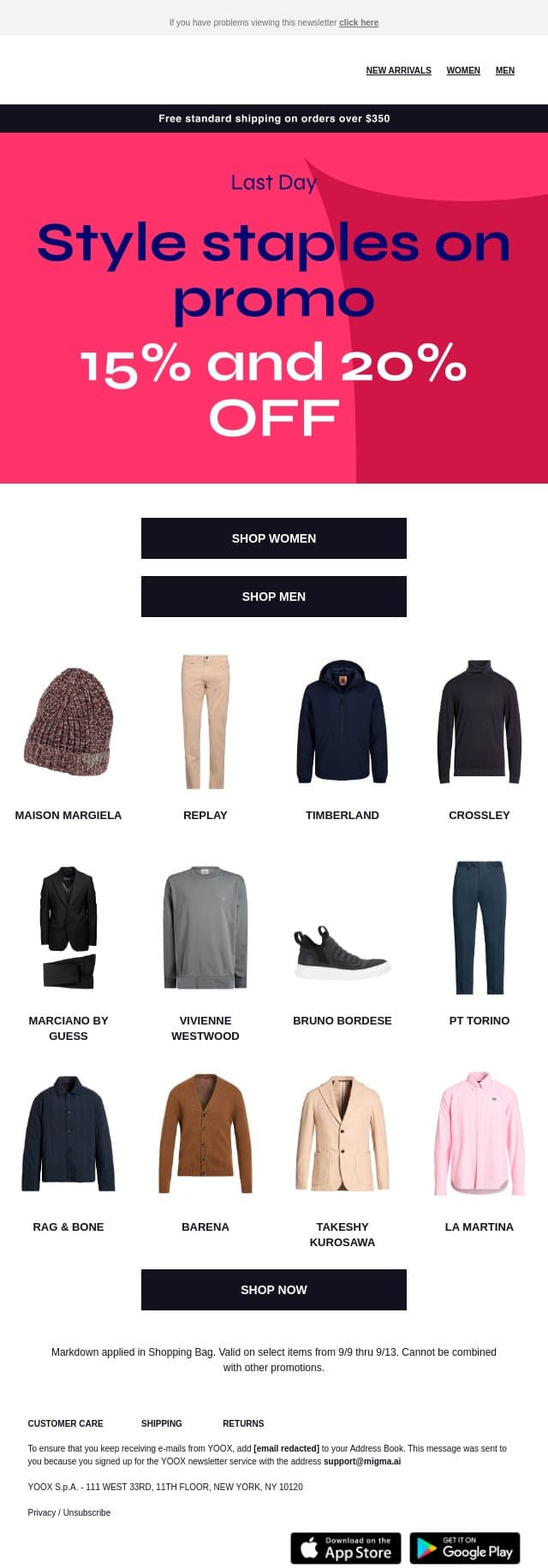 That’s right, it’s the last day! Don't miss the promo email from Yoox screenshot
