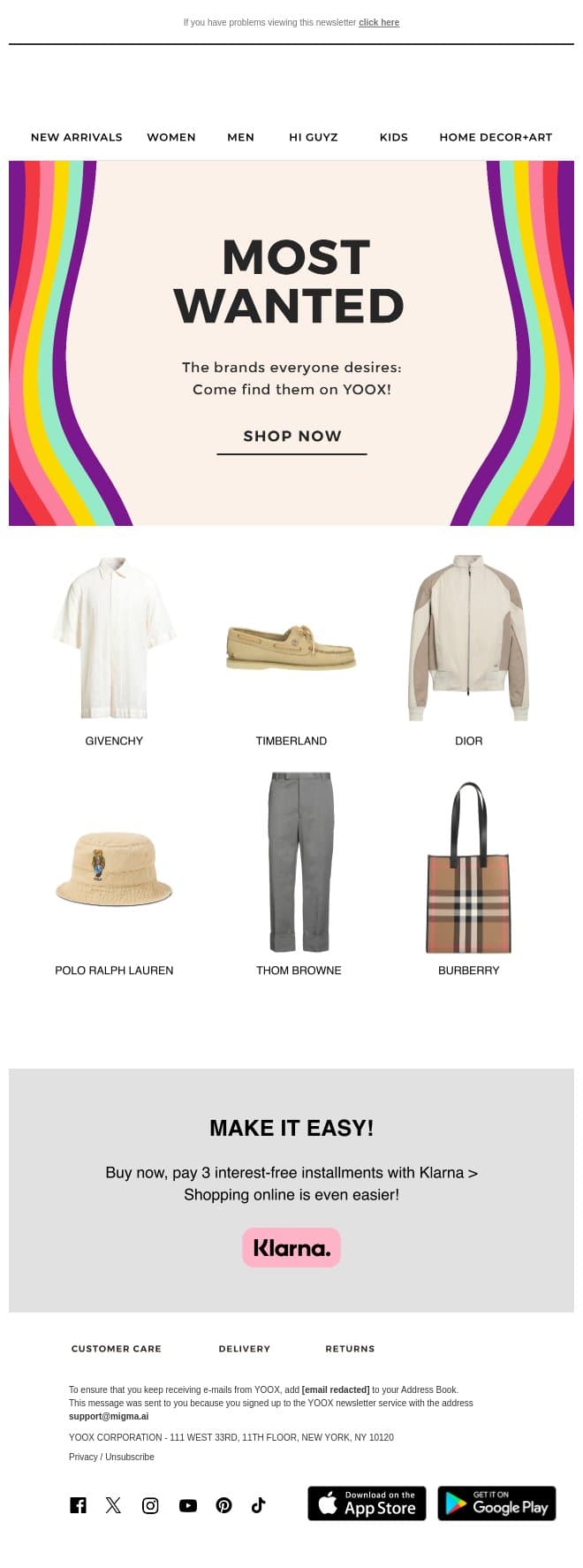 The most wanted brands on YOOX email from Yoox screenshot