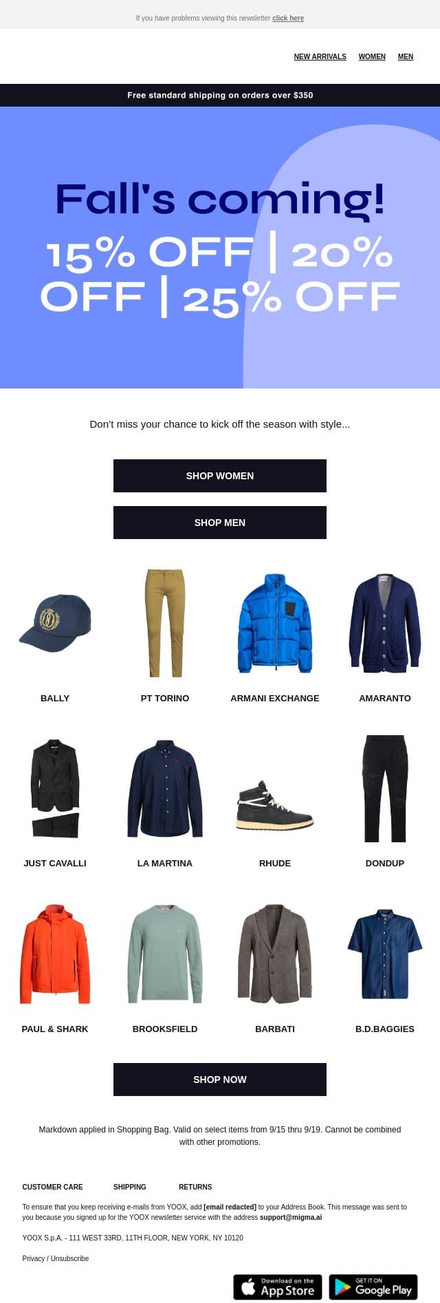 🍃 Fall just around the corner? Shopping up to 25% OFF >> email from Yoox screenshot