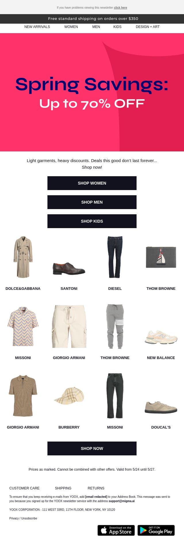 The ultimate spring sale: up to 70% OFF > email from Yoox screenshot