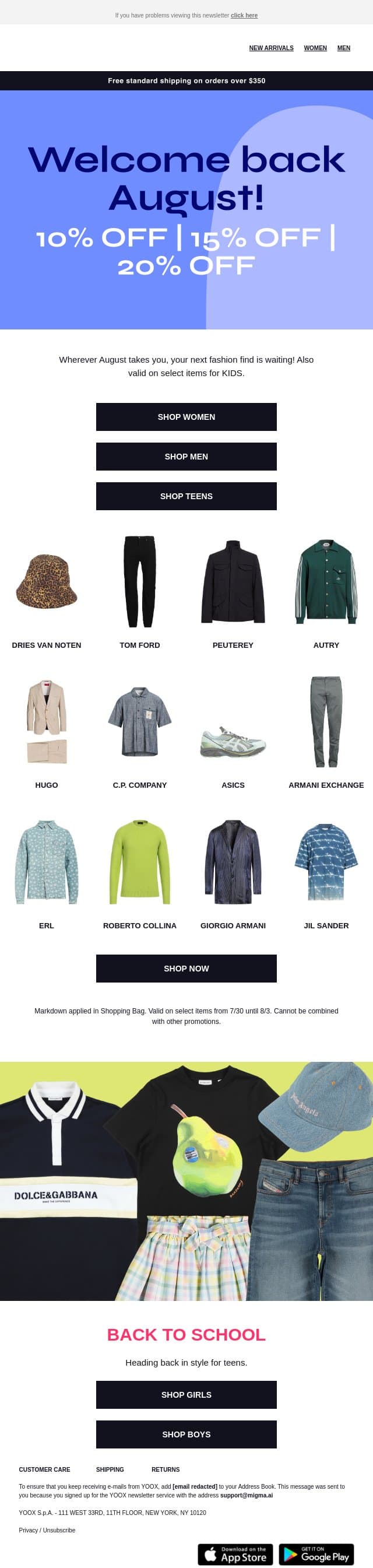 Hello August! 10%, 15%, 20% OFF email from Yoox screenshot