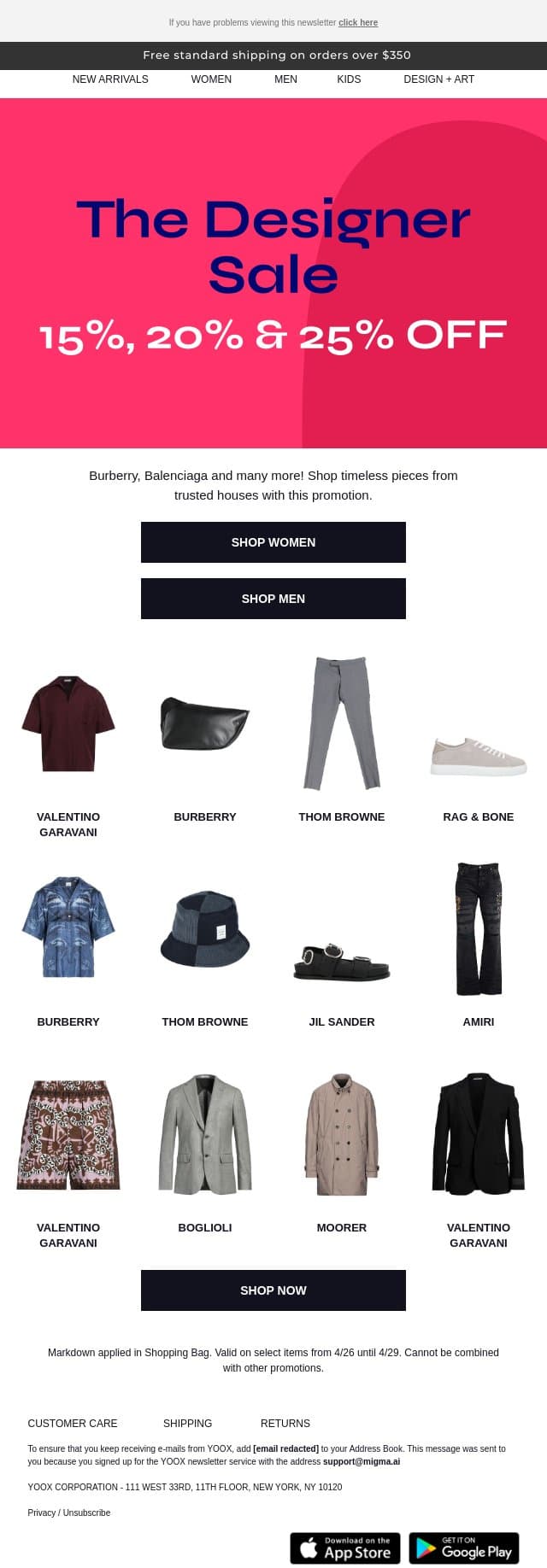 Burberry, Balenciaga and more at 15%, 20% & 25% OFF email from Yoox screenshot