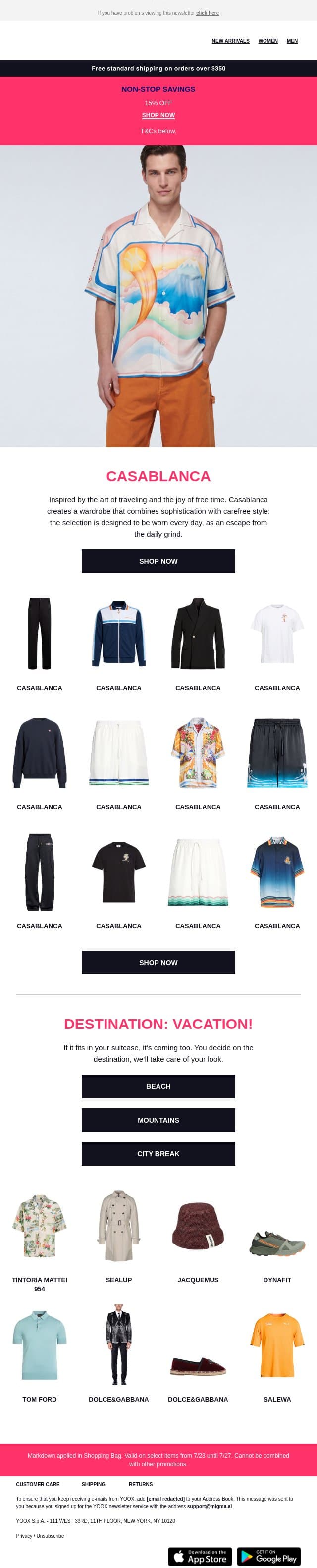 Vibrant colors, laid-back luxury: discover the brand Casablanca email from Yoox screenshot