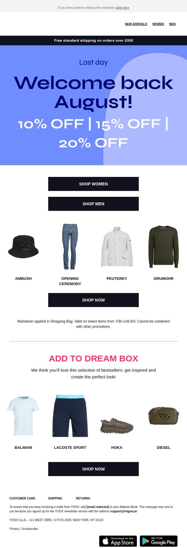 Up to 20% OFF ends today! email from Yoox screenshot