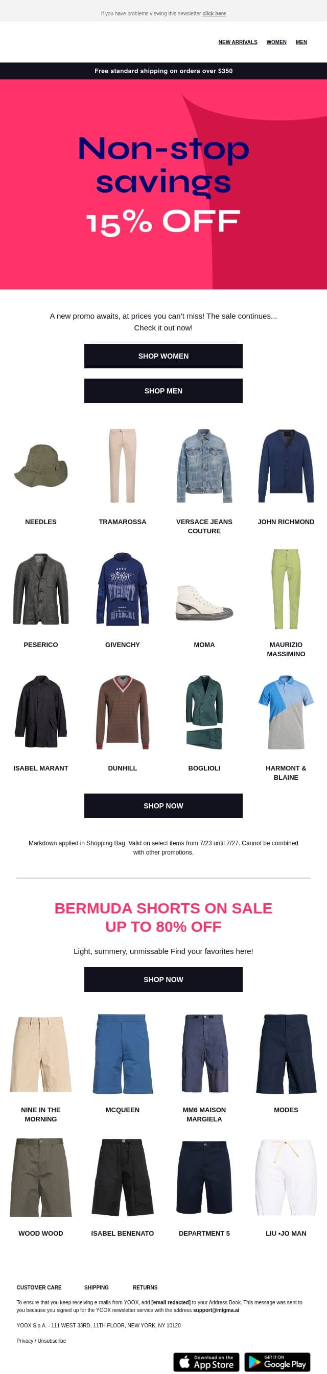 The shopping never stops! Don’t miss 15% OFF email from Yoox screenshot