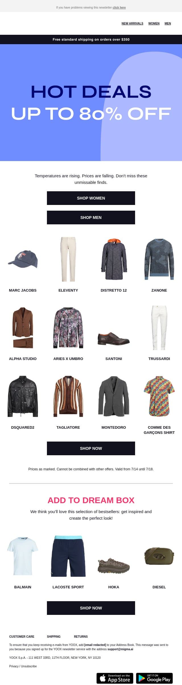 🔥 Hot days, even hotter deals: up to 80% OFF email from Yoox screenshot