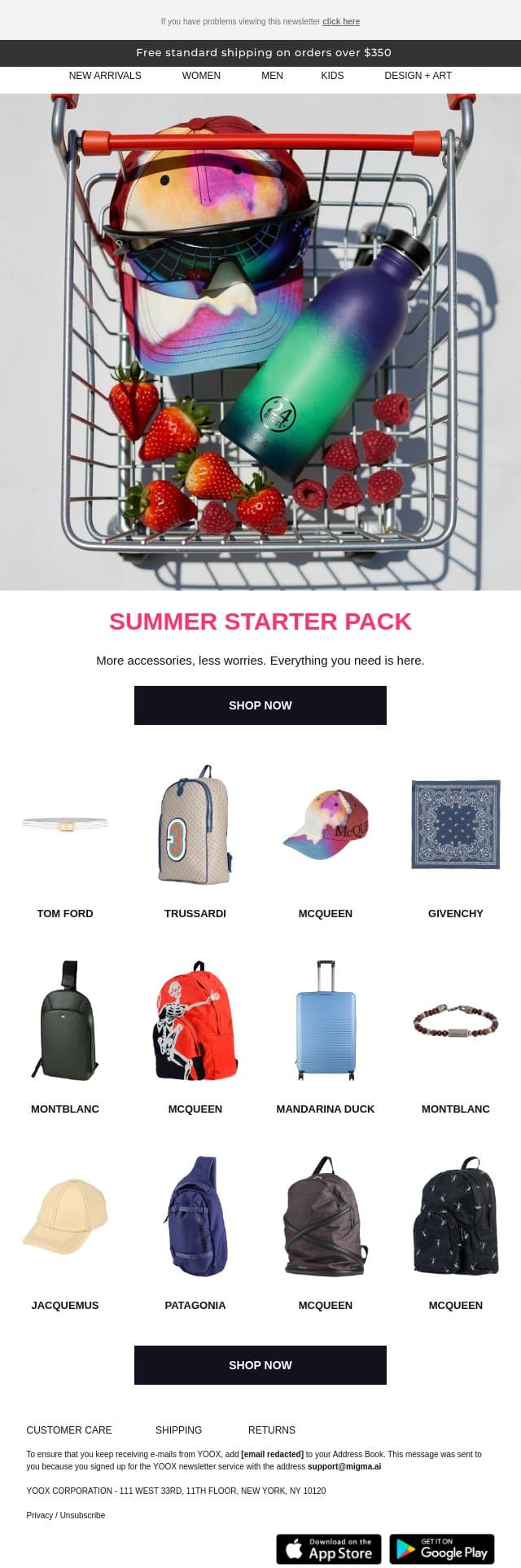 Your summer starter pack > Sunglasses, bags and more... email from Yoox screenshot