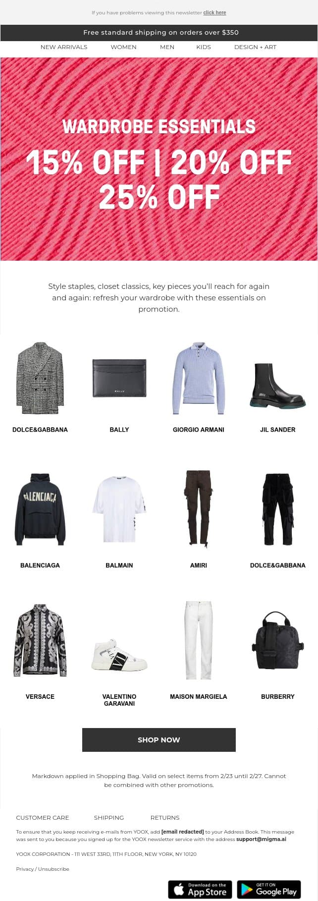 15%, 20% & 25% OFF wardrobe essentials! email from Yoox screenshot