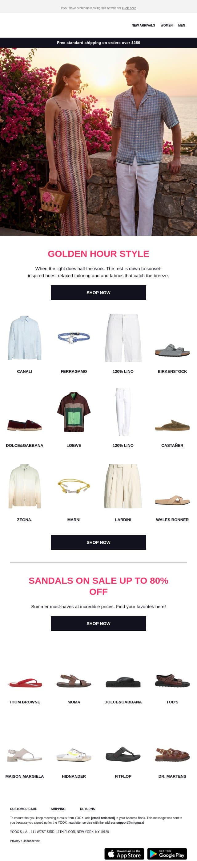 Golden Hour > Perfect light, impeccable style email from Yoox screenshot
