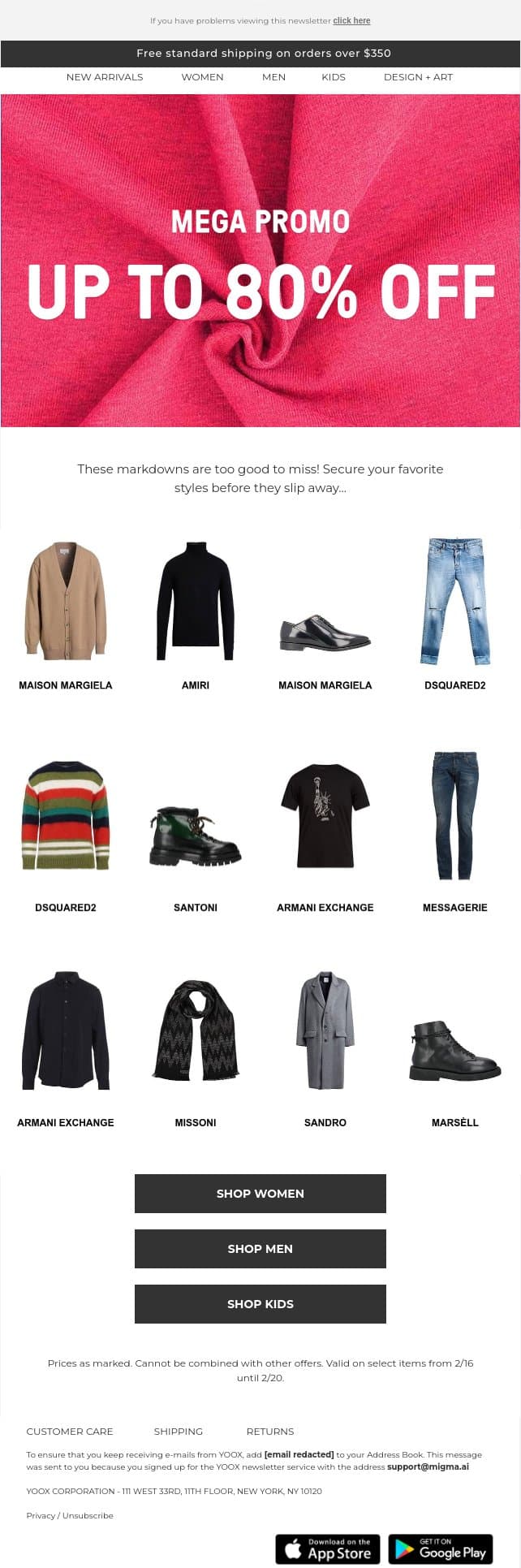 MEGA PROMO: Up to 80% OFF email from Yoox screenshot