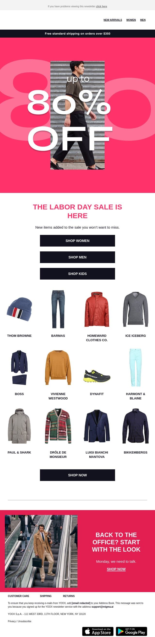 THE LABOR DAY SALE IS HERE: up to 80% OFF email from Yoox screenshot