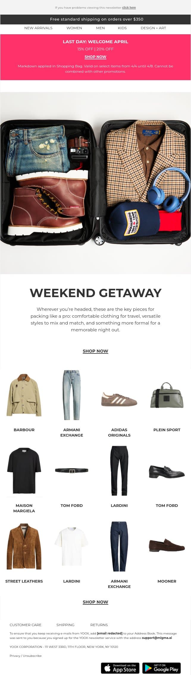 🧳Pack your bags for a weekend getaway! email from Yoox screenshot