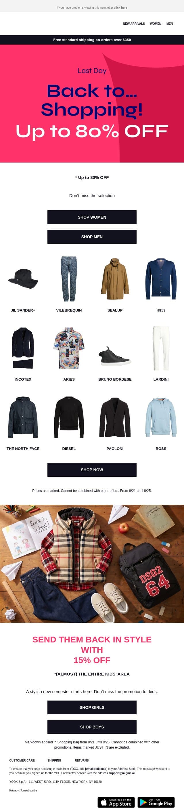 That’s right, up to 80% OFF ends today email from Yoox screenshot