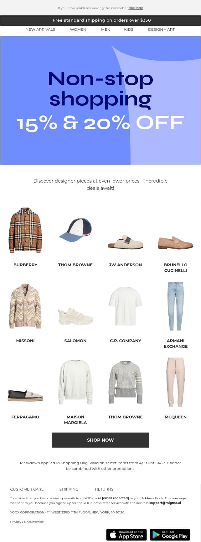 Non-stop shopping: 15% & 20% OFF! email from Yoox screenshot
