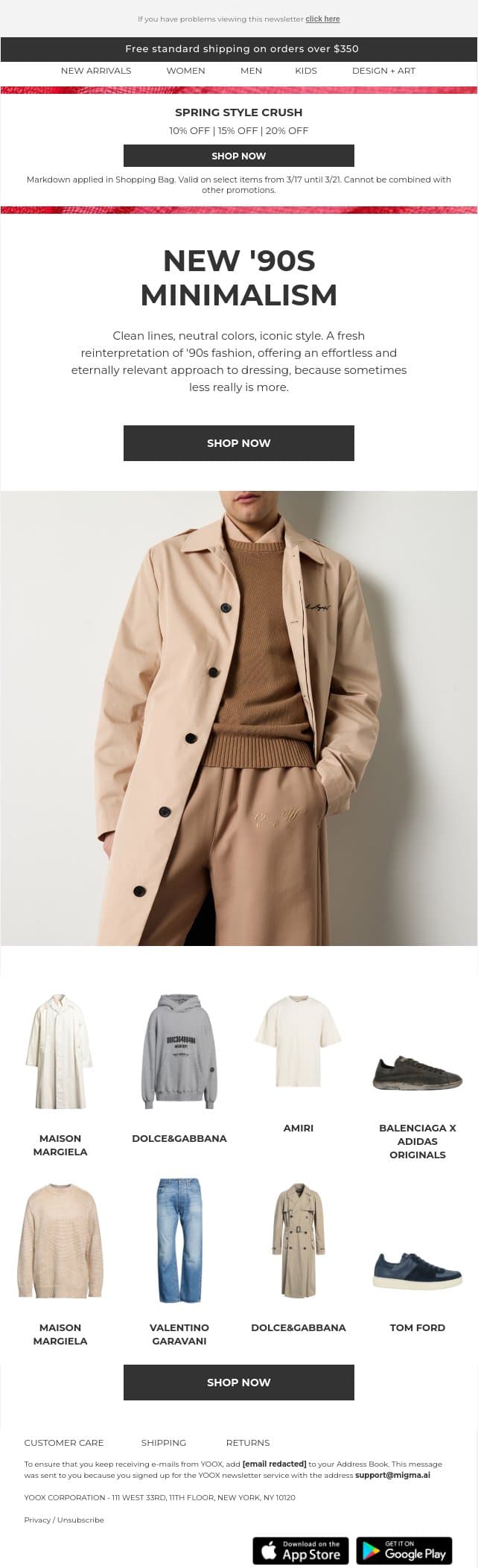 New '90s Minimalism > Clean lines, neutral colors email from Yoox screenshot