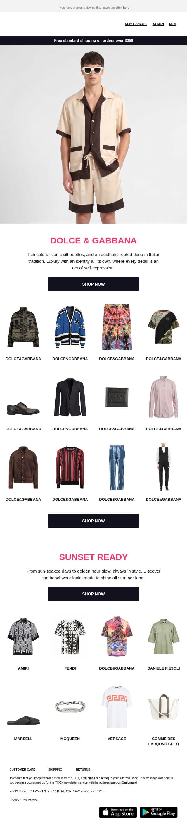 Dolce & Gabbana > Italian tradition, timeless style email from Yoox screenshot