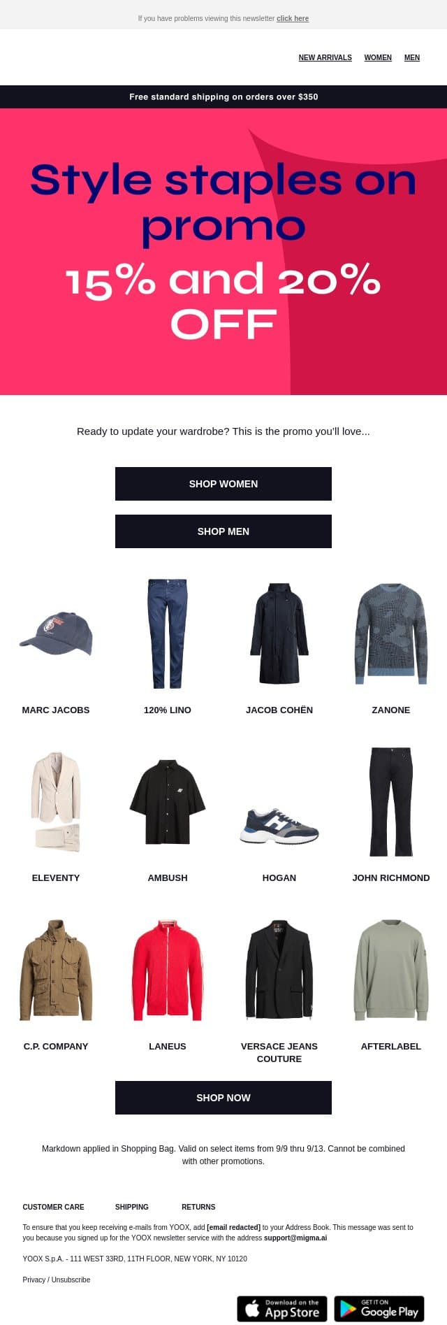 15% and 20% OFF wardrobe staples email from Yoox screenshot