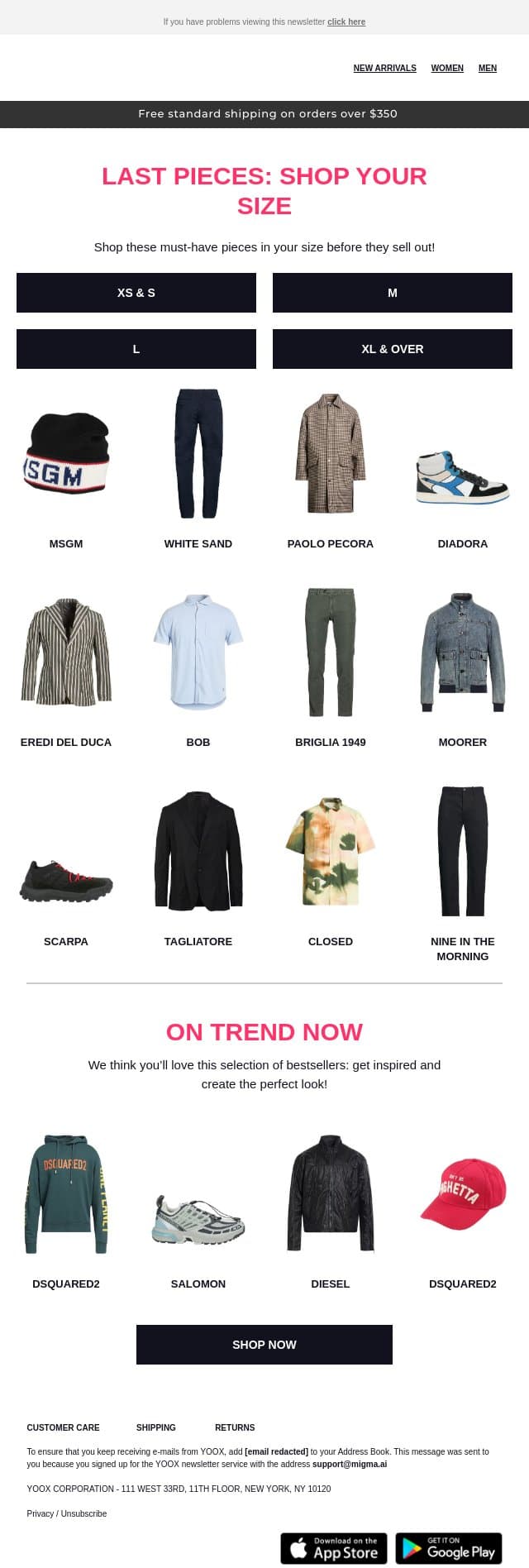 Last pieces: Shop your size email from Yoox screenshot