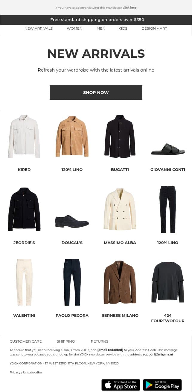 ✨New arrivals✨ email from Yoox screenshot