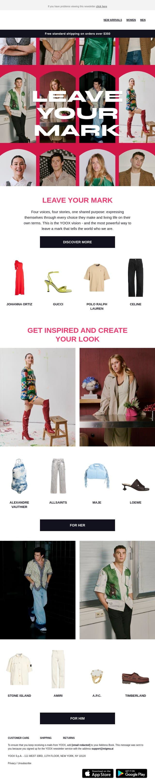 Create freely. Live with style. Leave your mark. email from Yoox screenshot