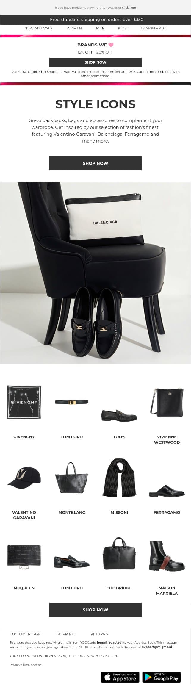 🎒 Backpacks, Bags & Accessories > Discover our style icons email from Yoox screenshot