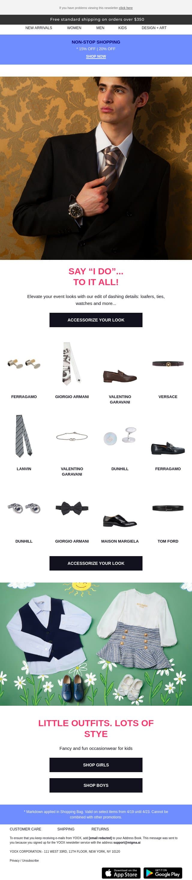 Exceptional accessories for life’s special events > email from Yoox screenshot