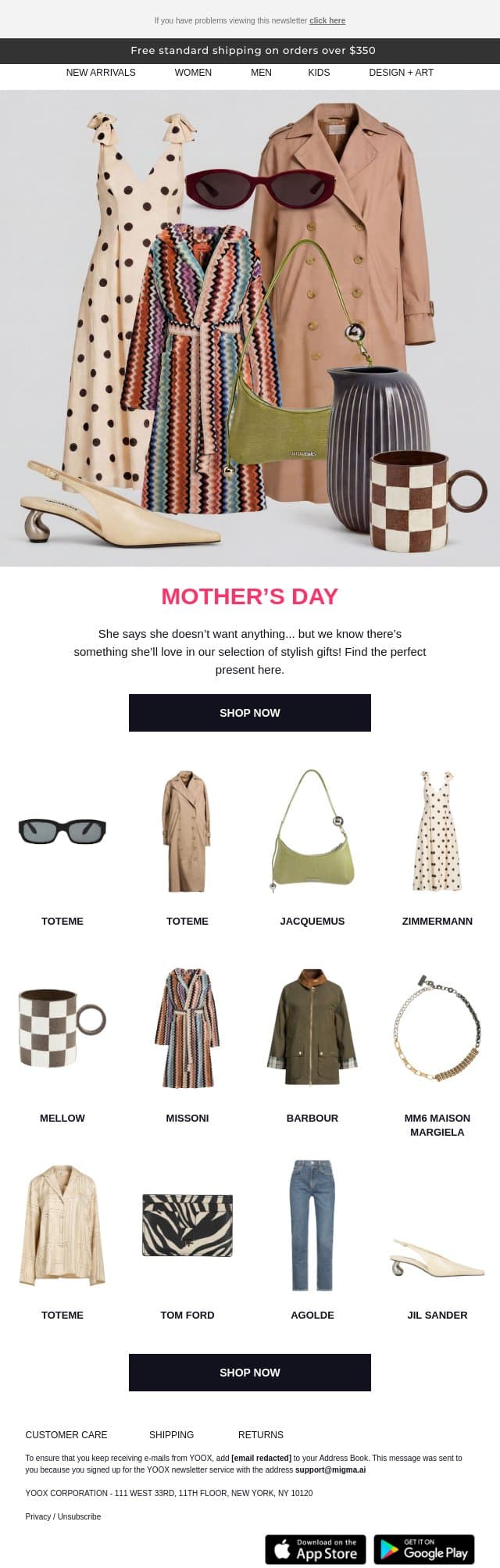 Mother’s Day gifts she’ll love 💓 email from Yoox screenshot