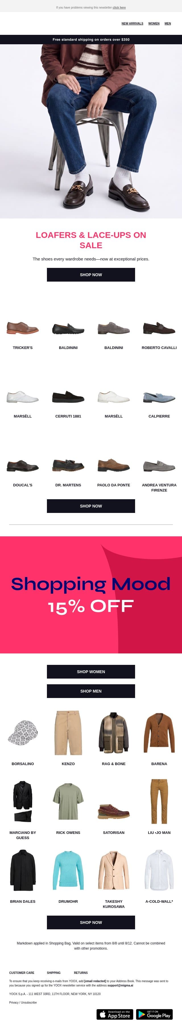 Loafers & lace-ups on sale email from Yoox screenshot