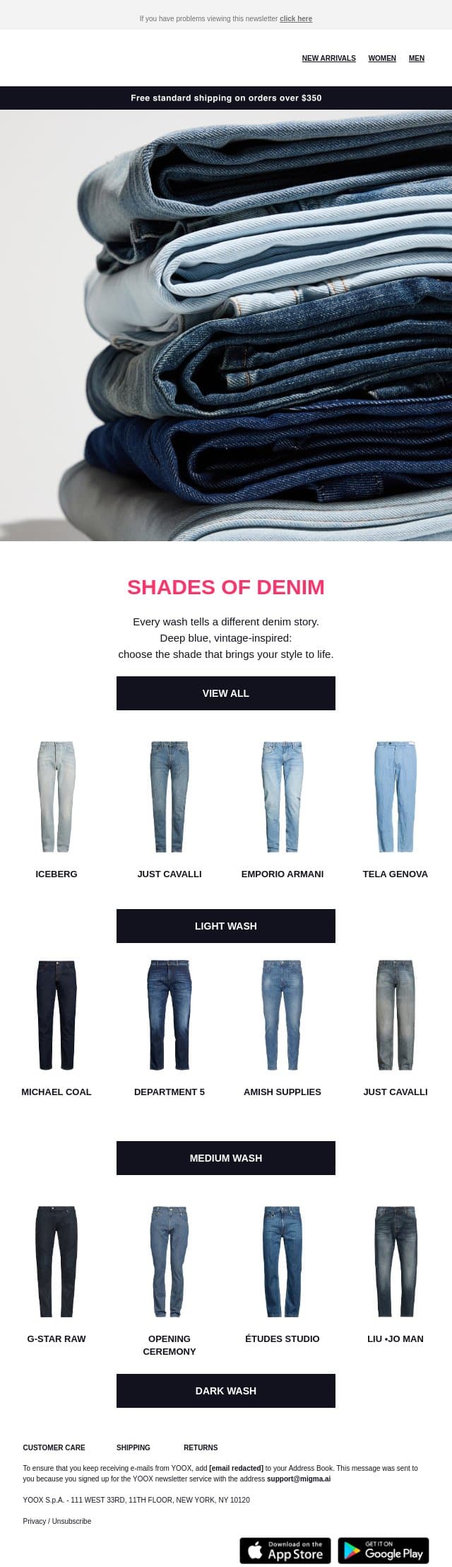 Denim? Choose your wash email from Yoox screenshot
