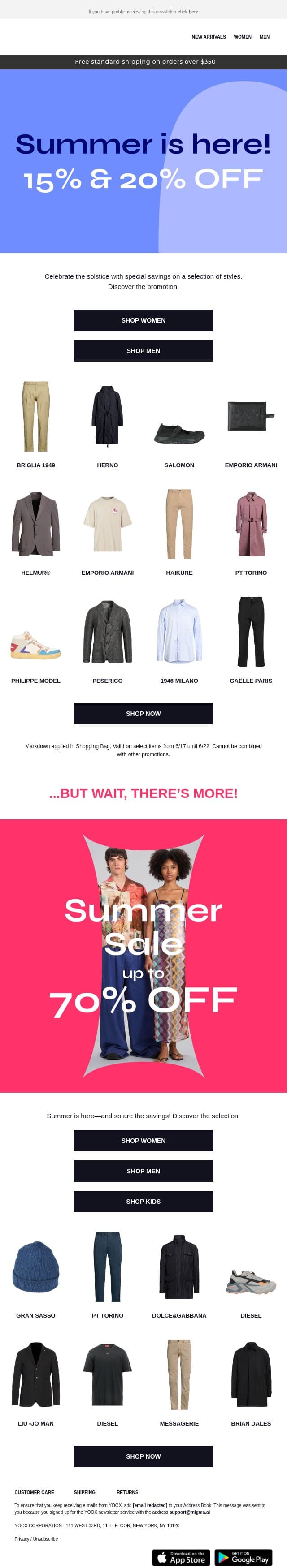 Summer is here! Enjoy 15% & 20% OFF select styles email from Yoox screenshot