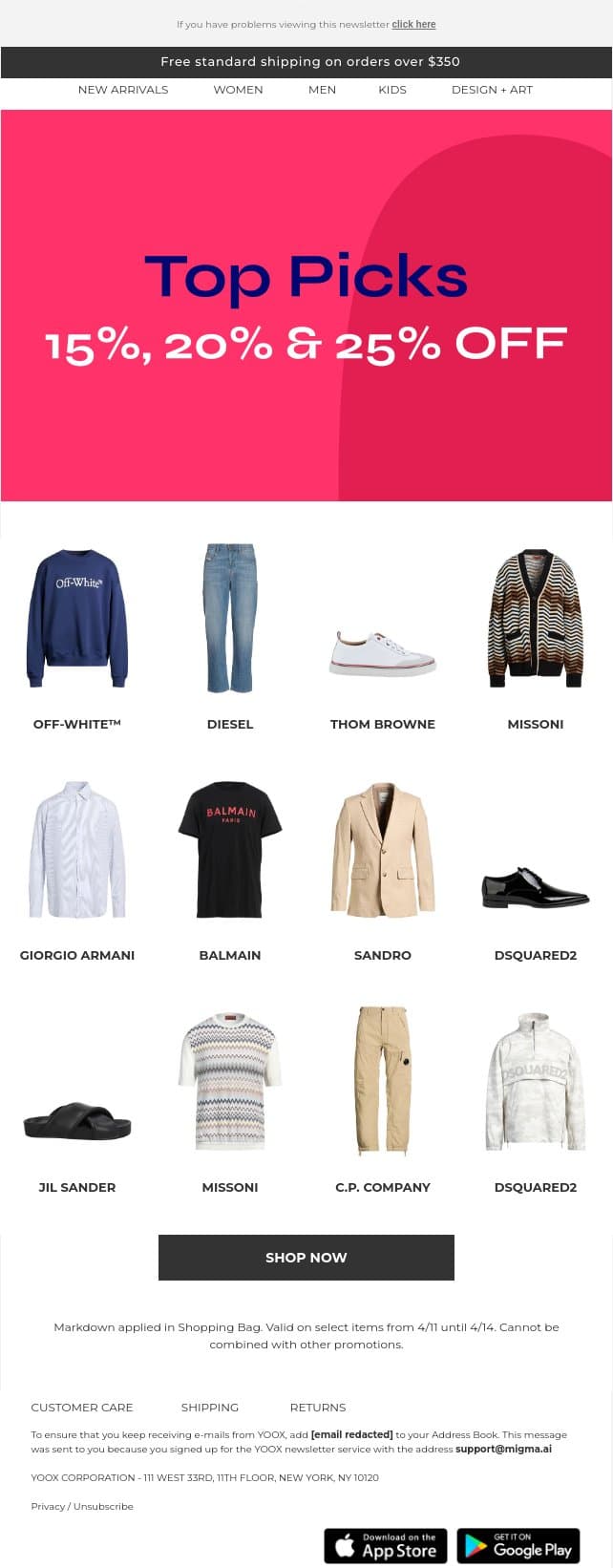 Last day to shop top picks at 15%, 20% & 25% OFF > email from Yoox screenshot