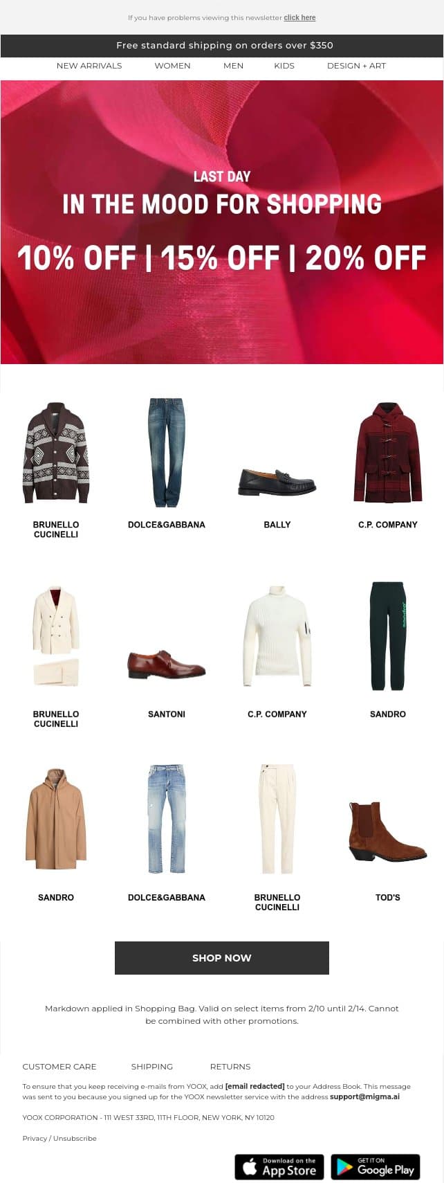 Happy Valentine's Day ❤️10%, 15% & 20% OFF ends tonight > email from Yoox screenshot