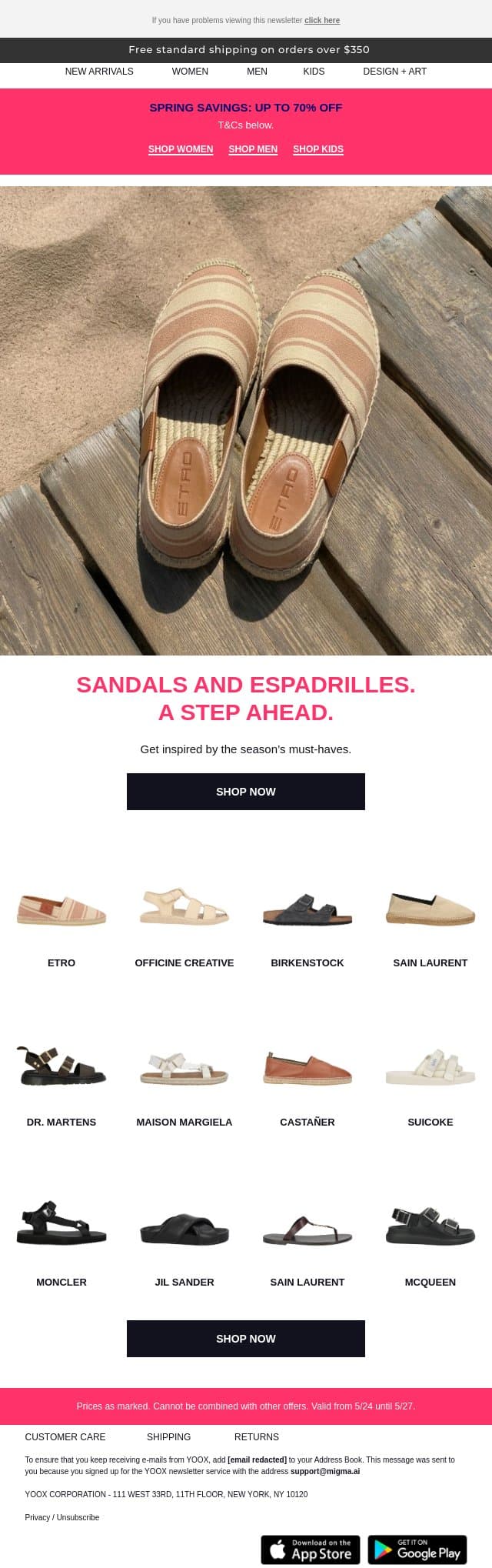 A step ahead > Sandals and espadrilles email from Yoox screenshot