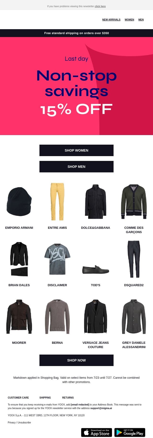 Last chance for 15% OFF email from Yoox screenshot