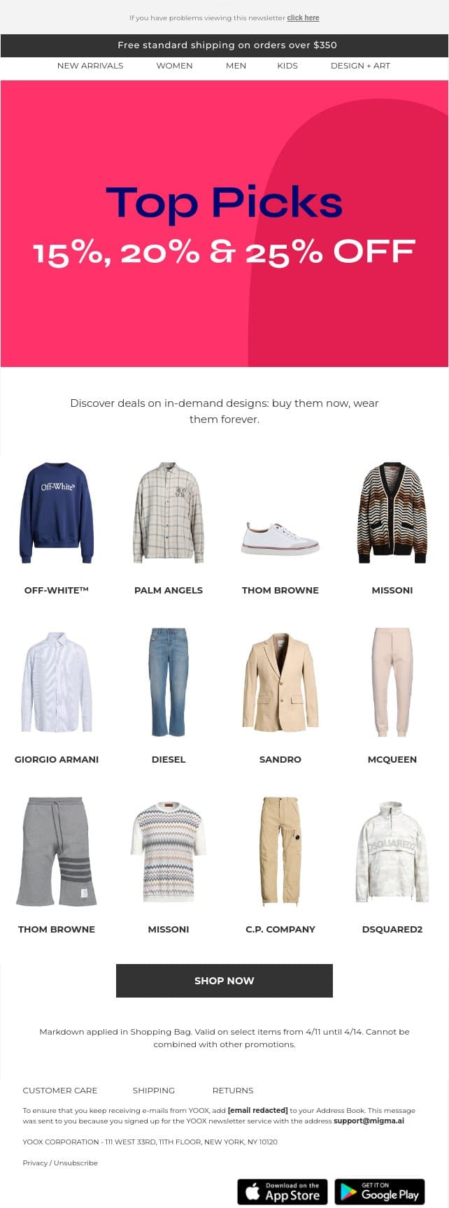 Top picks at 15%, 20% & 25% OFF email from Yoox screenshot