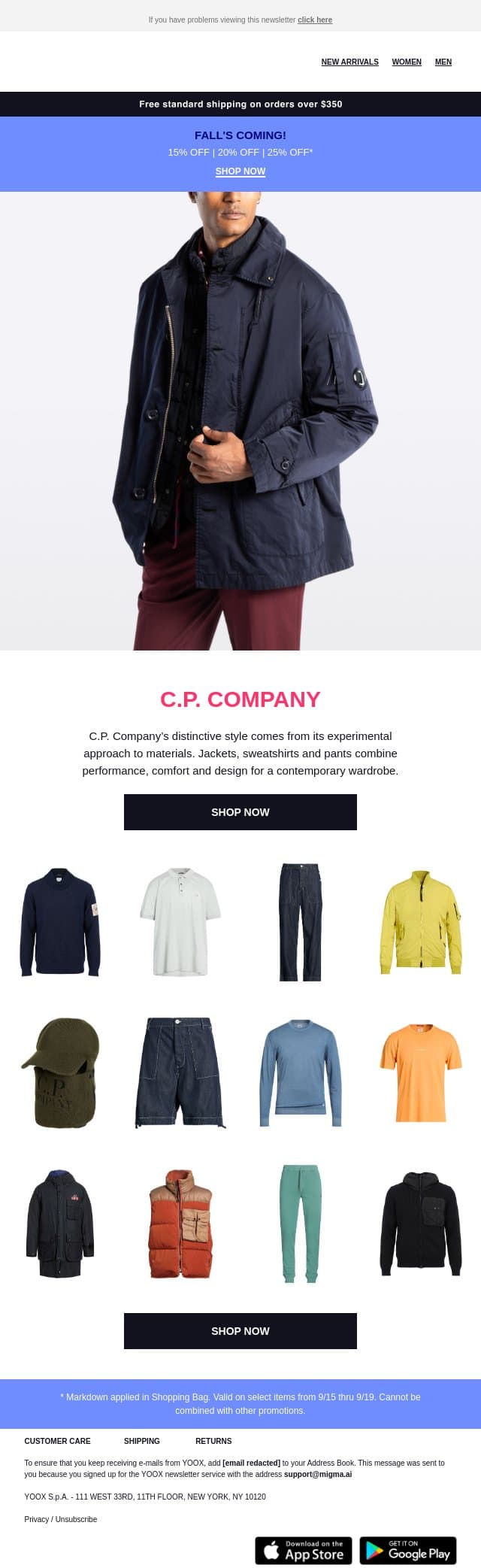 C.P. COMPANY: performance, comfort and distinctive design email from Yoox screenshot