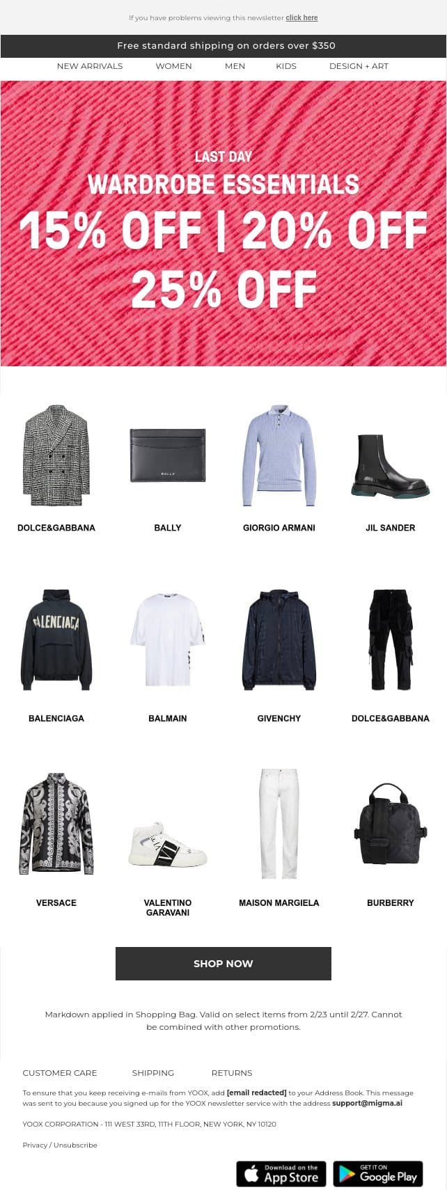 LAST DAY: 15%, 20% & 25% OFF email from Yoox screenshot