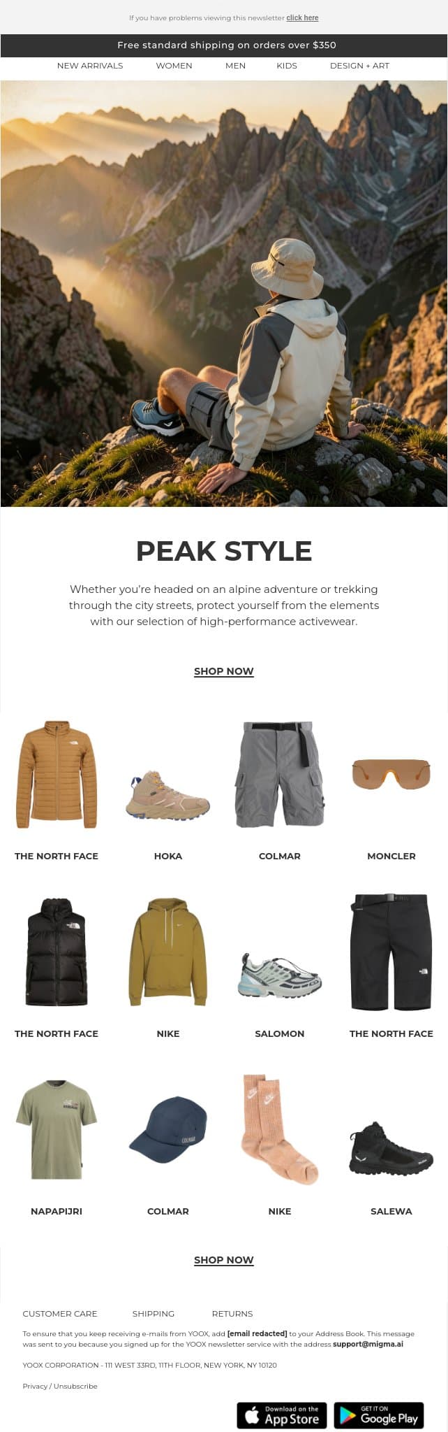 Peak style > High-performance pieces for every adventure email from Yoox screenshot
