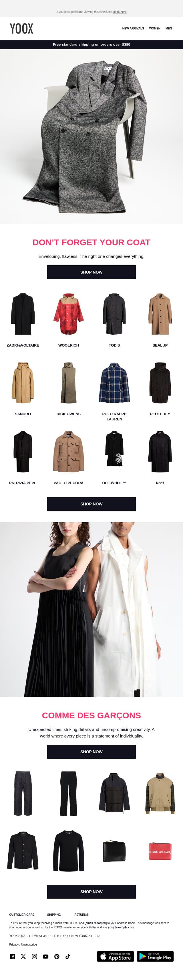 Coats > Your look starts here email from Yoox screenshot