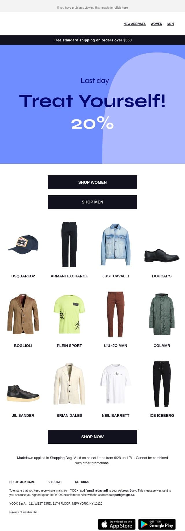 Treat yourself to styles at 20% OFF > email from Yoox screenshot