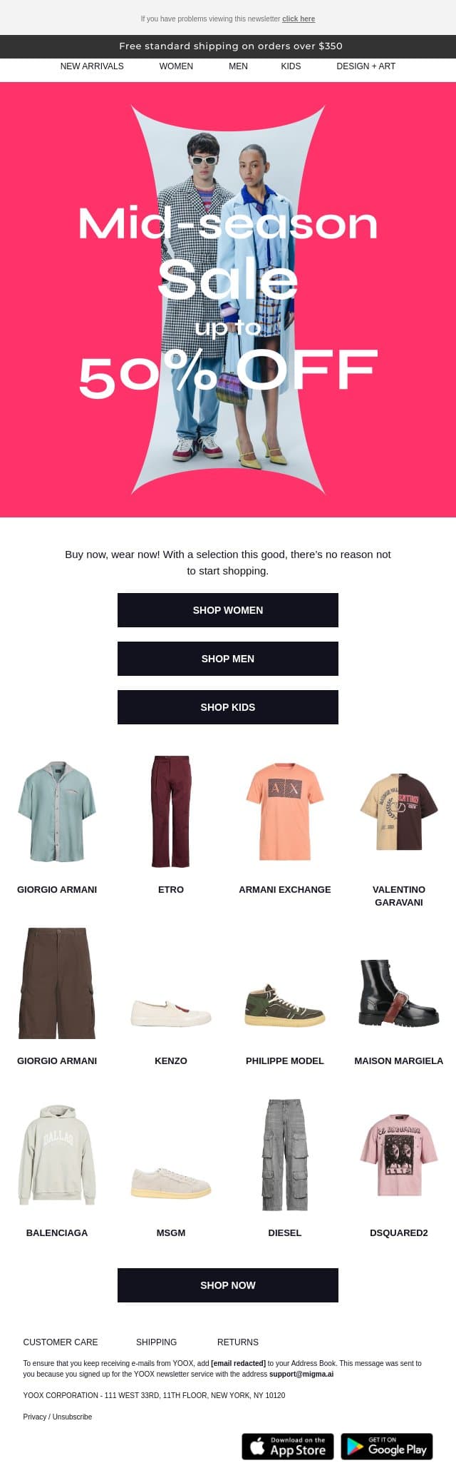Up to 50% OFF: New sale items, no excuses email from Yoox screenshot