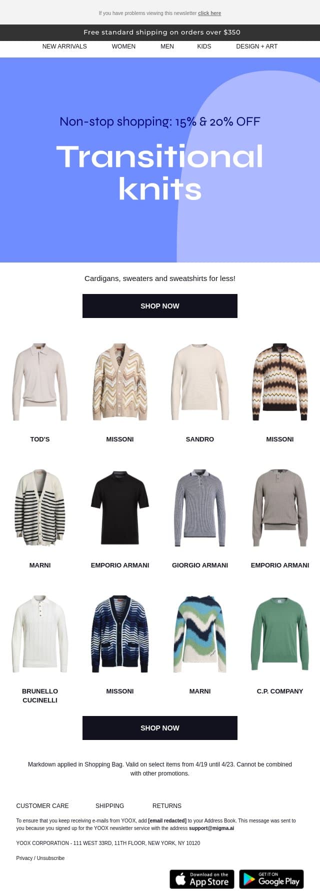 15% & 20% OFF light sweaters > The promotion continues... email from Yoox screenshot