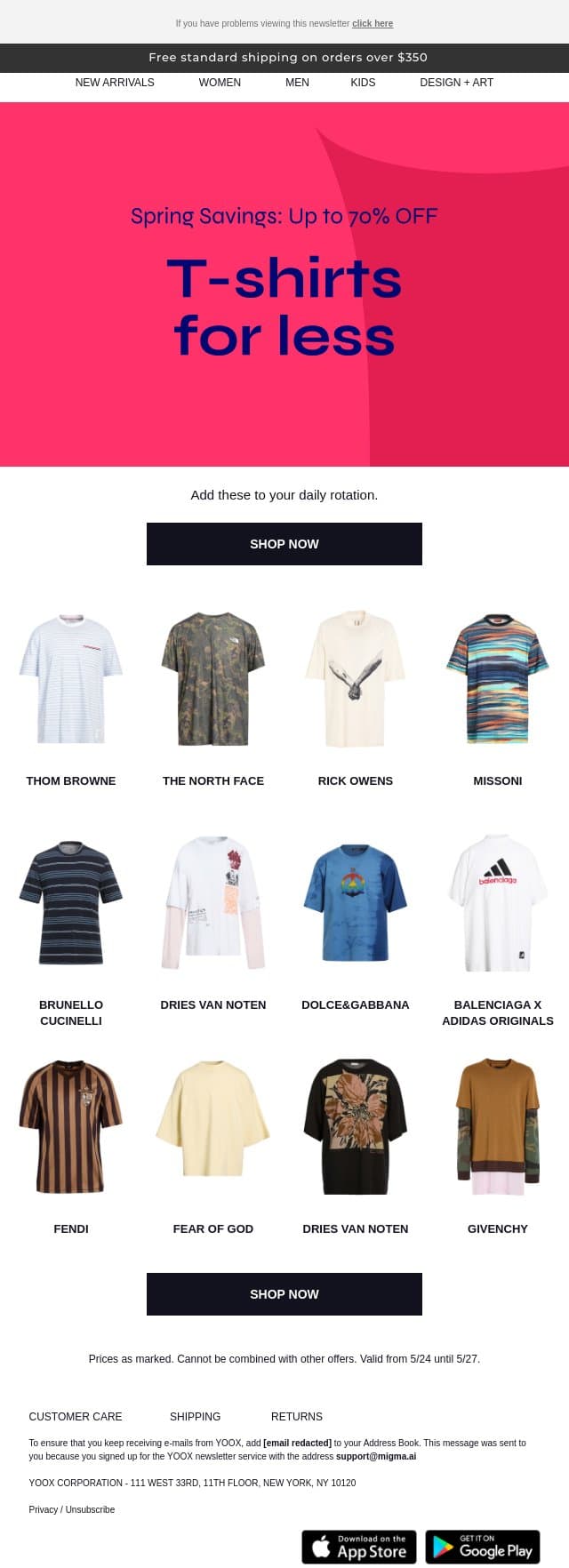 The promotion continues: light tees, heavy discounts email from Yoox screenshot