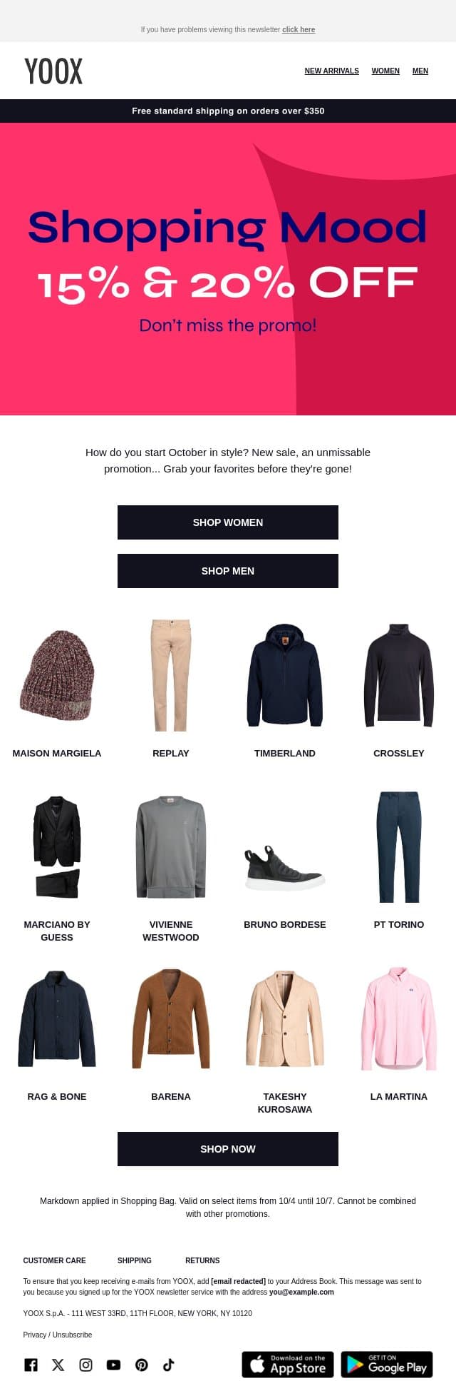 15% OFF and 20% OFF > Start October in style! email from Yoox screenshot
