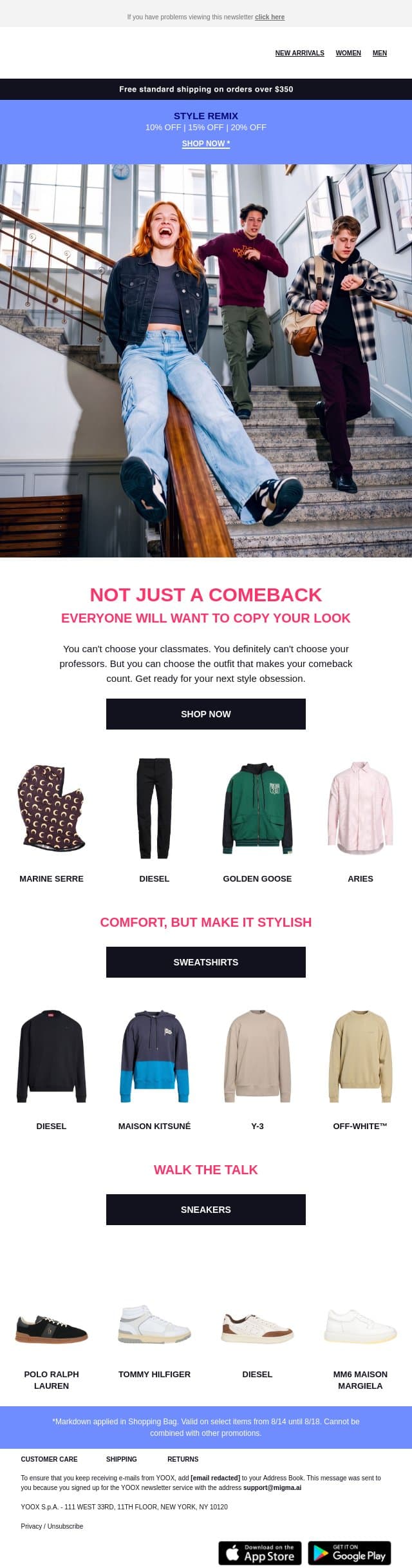 Too cool for school! Head back in style email from Yoox screenshot